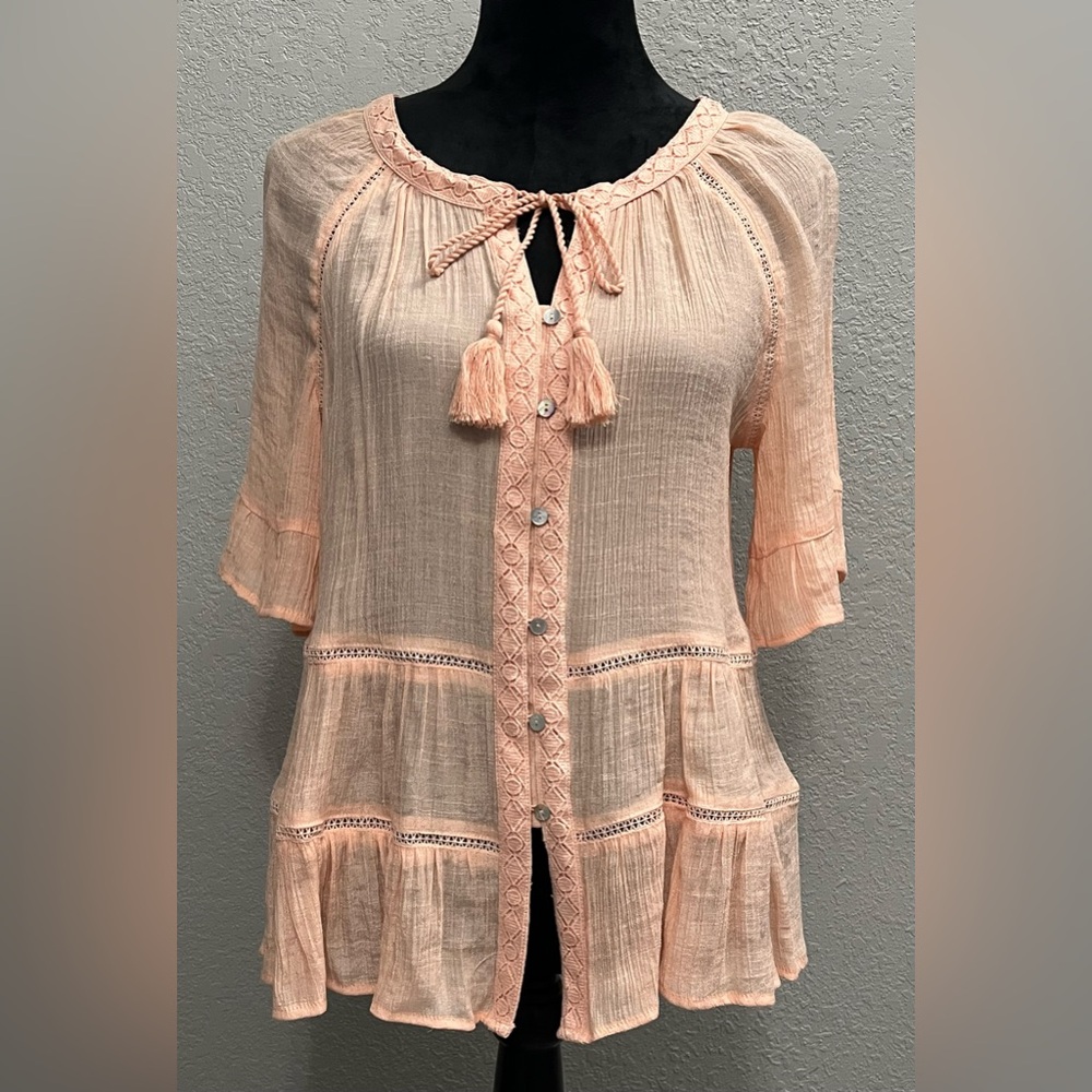 Zac & Rachel Peach Boho,Crocheted Trim,Lightweight,Flowy Shirt-Sz Women’s Medium